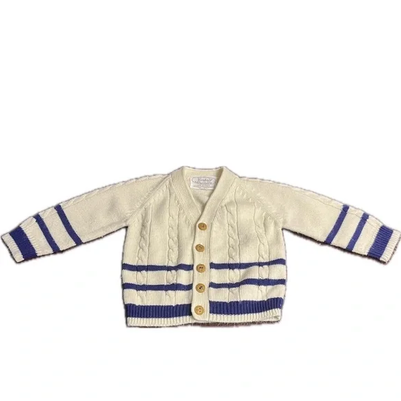 Vintage Baby boy acrylic sweater beige blue stripes Robinit May knitting co - Picture 1 of 10